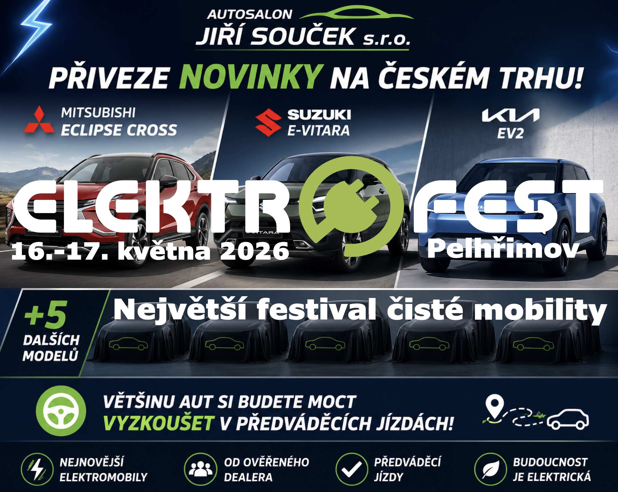 Autosalon Jiří Souček s.r.o. přiveze novinky na českém trhu MITSUBISHI Eclipse Cross, SUZUKI E-Vitara  KIA EV2.